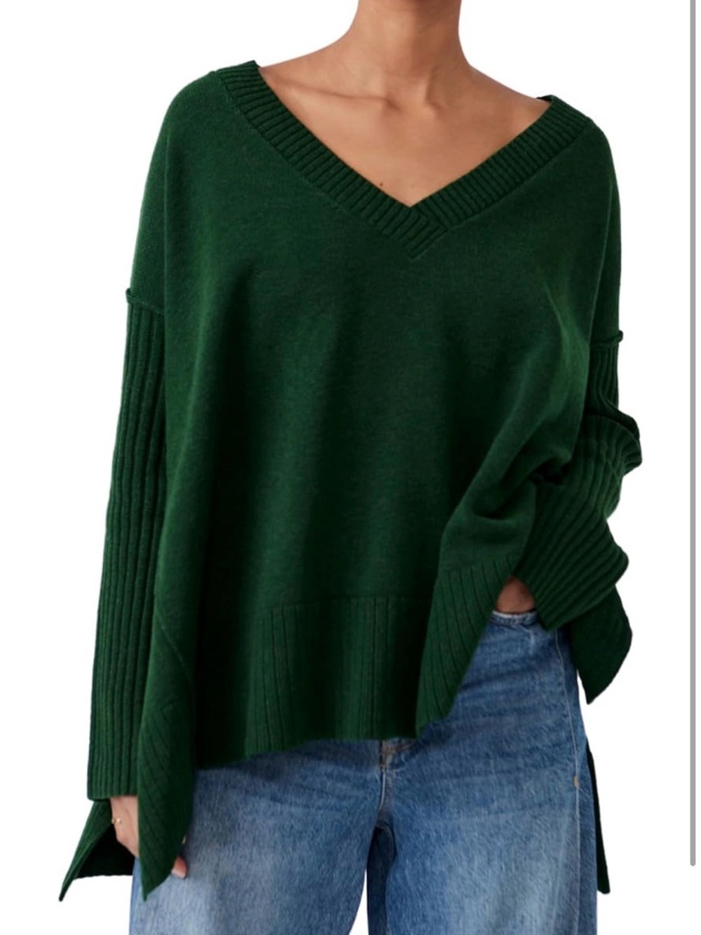 Free People Deep Green Ribbed V-Neck Sweater Small
